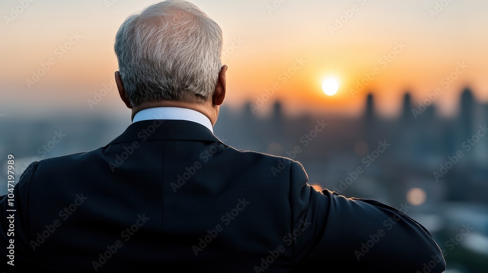 Businessman Looking at City Skyline Sunset Success Ambition Future Businessman Looking at City Skyline Sunset Success Ambition Future