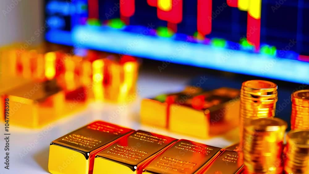 Illuminated Wealth: The Dance of Gold Bars and Coins Against a Blurred Stock Market Horizon Illuminated Wealth: The Dance of Gold Bars and Coins Against a Blurred Stock Market Horizon