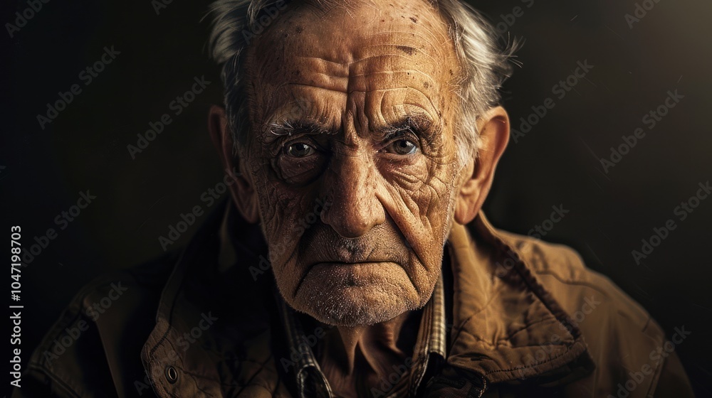 A Close-Up Portrait of an Elderly Man with Wrinkled Skin and Deep-Set Eyes A Close-Up Portrait of an Elderly Man with Wrinkled Skin and Deep-Set Eyes