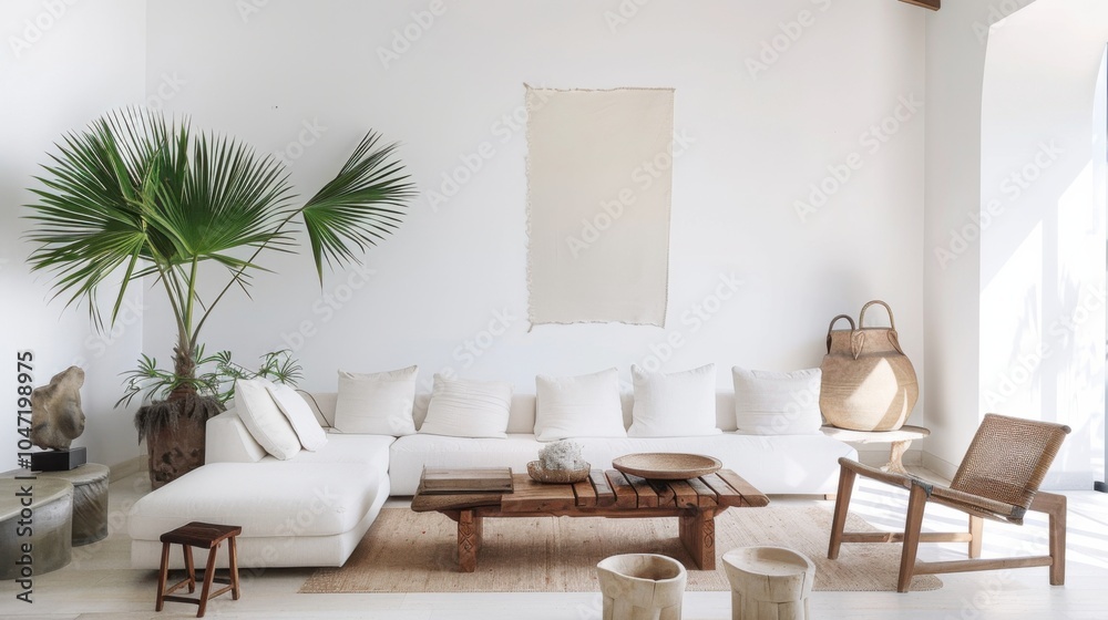 A refined and airy living room design with a white canvas backdrop, Minimalist furniture meticulously placed, Minimalist Mediterranean style A refined and airy living room design with a white canvas backdrop, Minimalist furniture meticulously placed, Minimalist Mediterranean style