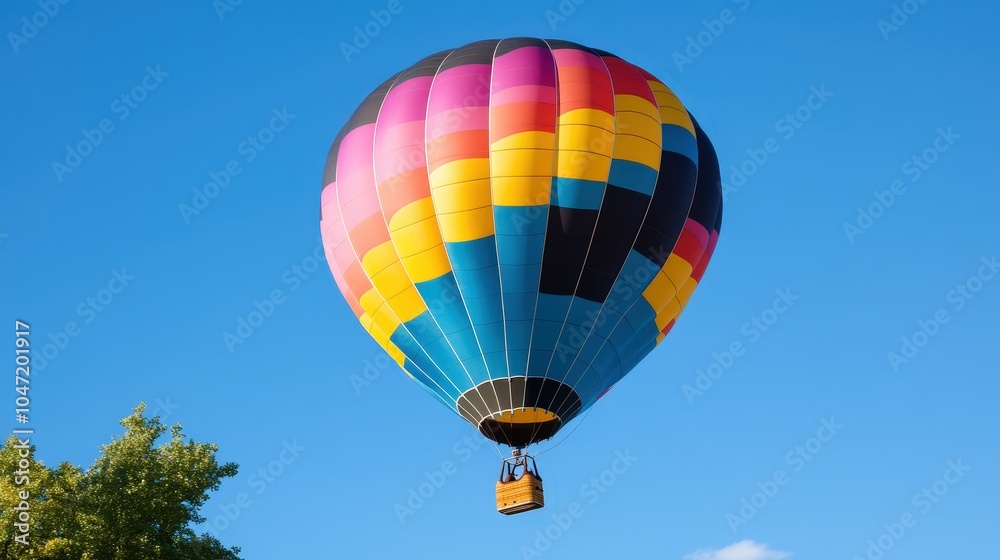 Fototapeta premium Colorful Hot Air Balloon Soaring in a Clear Blue Sky