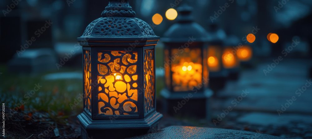 Decorative Glass Lanterns with Candles on Graves Decorative Glass Lanterns with Candles on Graves