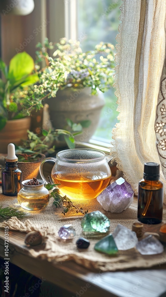 A holistic practitioner's desk with crystals, essential oils, and calming teas, symbolizing holistic mental health, A holistic practitioner's desk with crystals, essential oils, and calming teas, symbolizing holistic mental health,