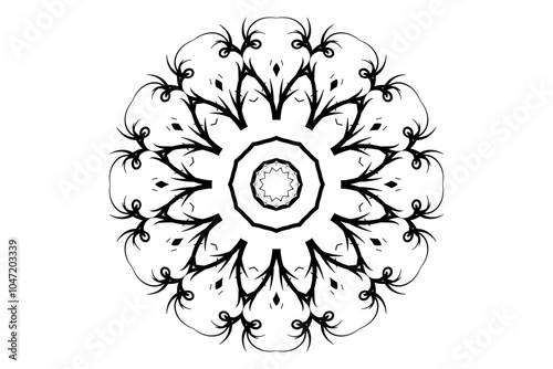 Mandala with sunburst or star at center, featuring symmetrical decorative patterns on a clean background
