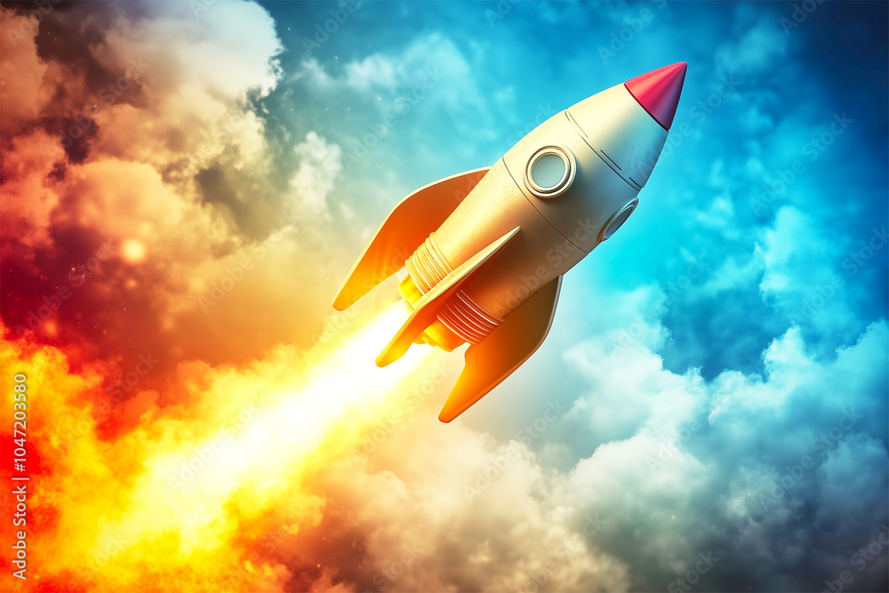 An Ai generative image of 3D toy rocket with smoke on blue background. An Ai generative image of 3D toy rocket with smoke on blue background.