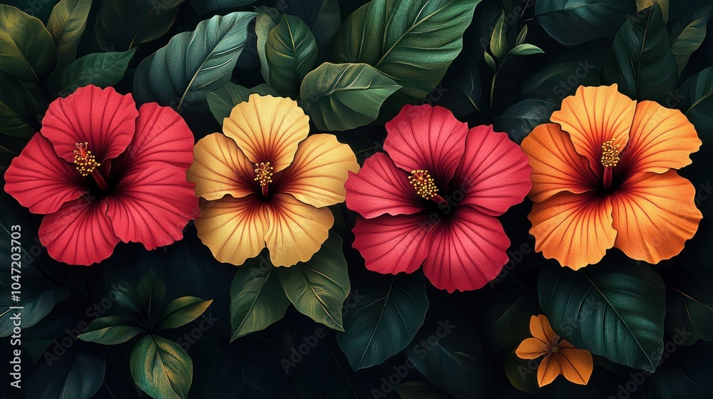 A vibrant arrangement of hibiscus flowers in various colors surrounded by lush green leaves. A vibrant arrangement of hibiscus flowers in various colors surrounded by lush green leaves.