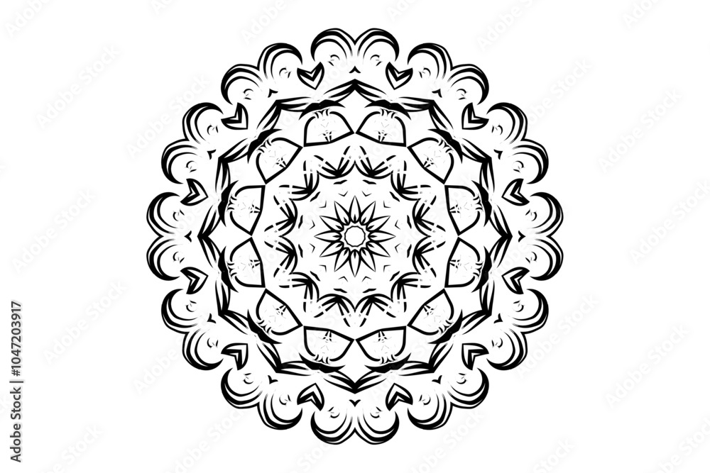 Monochromatic mandala with an eight-point star core and balanced black and white patterns
