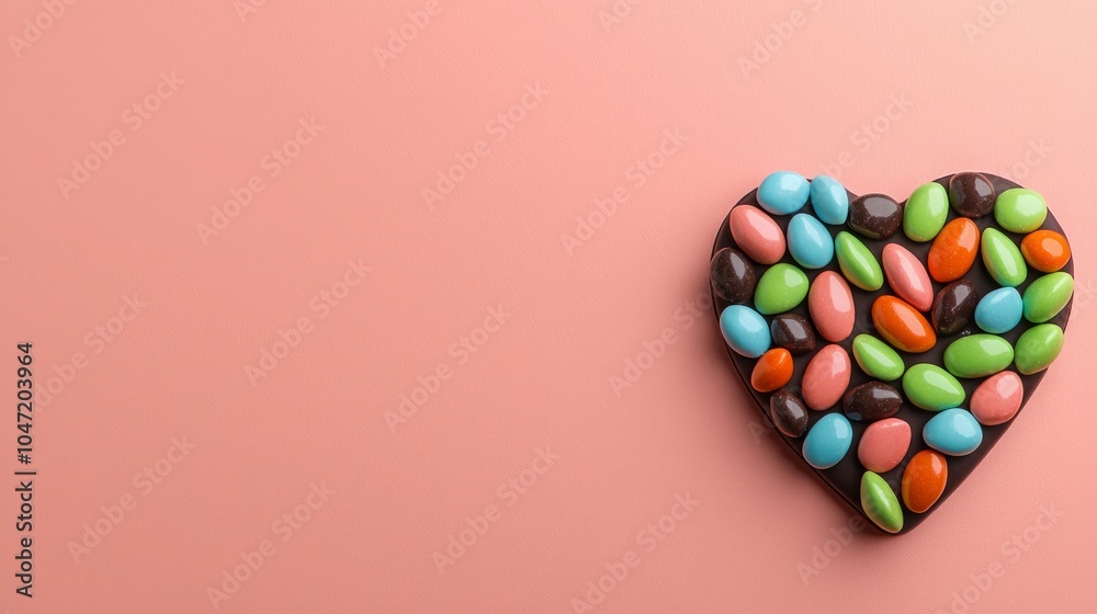 Obraz premium A heart-shaped chocolate bar filled with colorful candy pieces on a pink background.