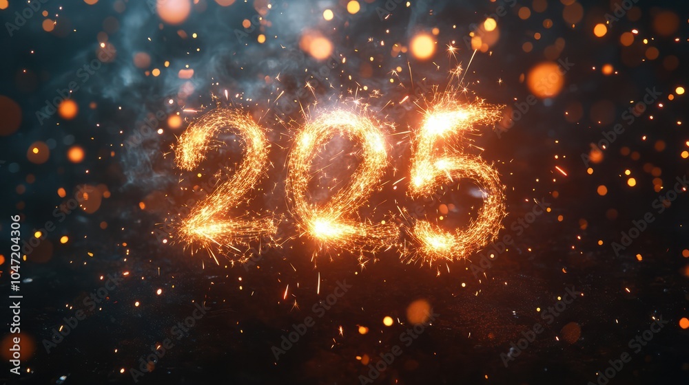 happy new year sparkling fireworks forming number 2025 on dark background with glowing particles