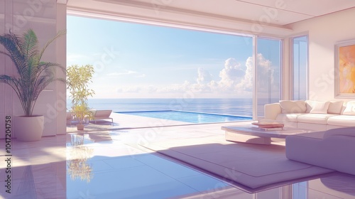 Large living room with a sea view that is unoccupied in a lavish summer beach property with a pool next to the terrace. Large white wall background at a holiday resort or house.