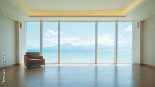 Serene ocean view from modern living room with large windows