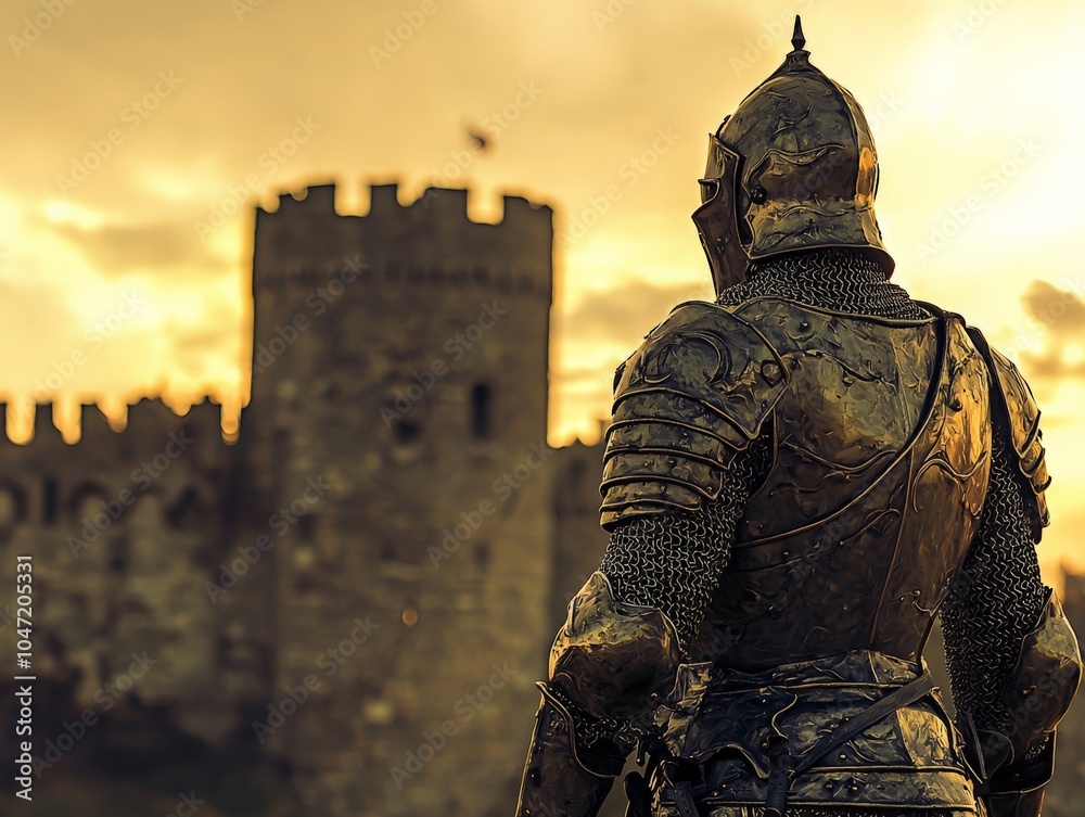 A knight in armor standing tall in front of a fortress, representing mental strength and fortitude,