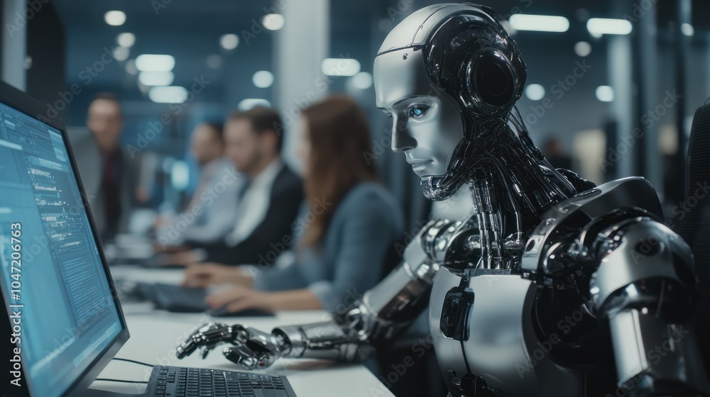 Robot working at computer among people. Maschine typing on keyboard in office. IT team of future. Futuristic worker. Humanoid work at call center. Support job. Selling concept. Technologies. Robot working at computer among people. Maschine typing on keyboard in office. IT team of future. Futuristic worker. Humanoid work at call center. Support job. Selling concept. Technologies.