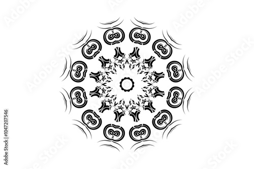 Detailed mandala with star-shaped center and concentric rings, showcasing petal-like patterns on a plain background 