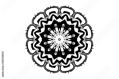 Black mandala design with symmetrical star-like motif, surrounded by geometric patterns on a plain light backdrop
