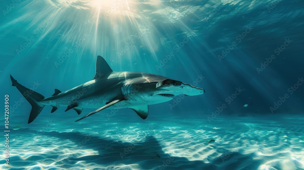 Obraz premium A Hammerhead Shark Swims Through Sunlit Underwater Depths