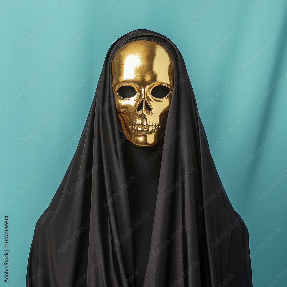 Mysterious hooded figure with a golden skull mask Mysterious hooded figure with a golden skull mask