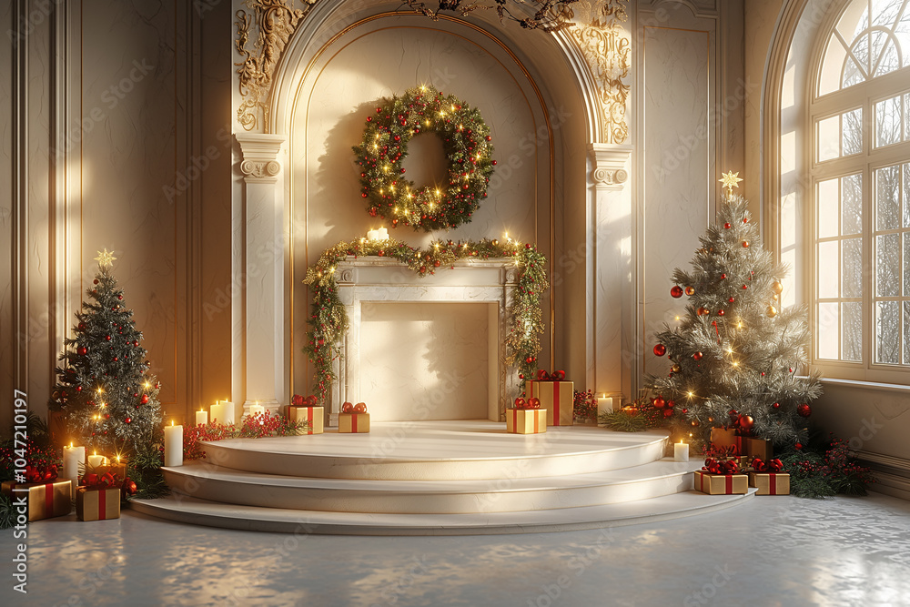 A room with a fireplace and a wreath on the mantle A room with a fireplace and a wreath on the mantle