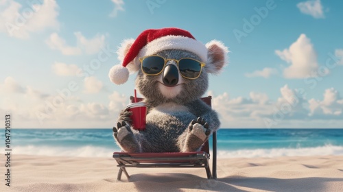 Cute koala bear wearing santa hat and sunglasses relaxing on beach chair