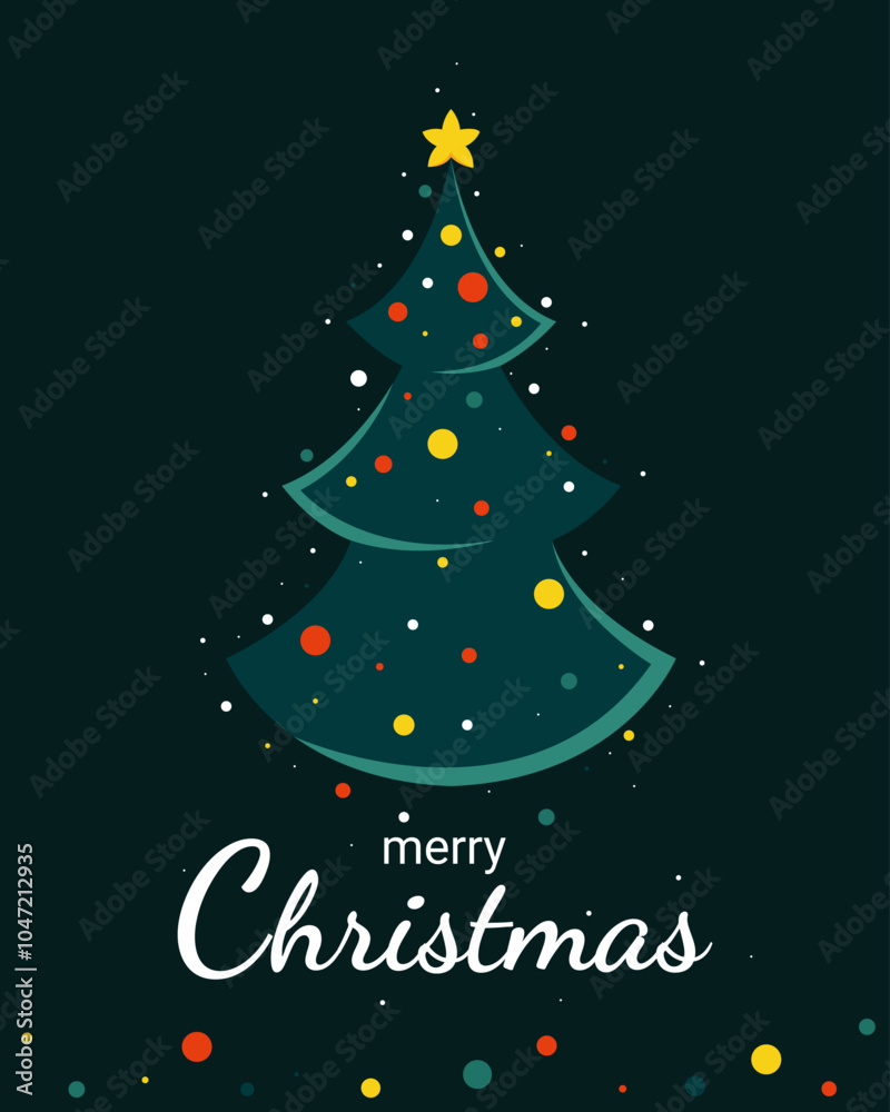 Merry Christmas. Postcard with green Christmas tree on dark green background. Merry Christmas. Postcard with green Christmas tree on dark green background.