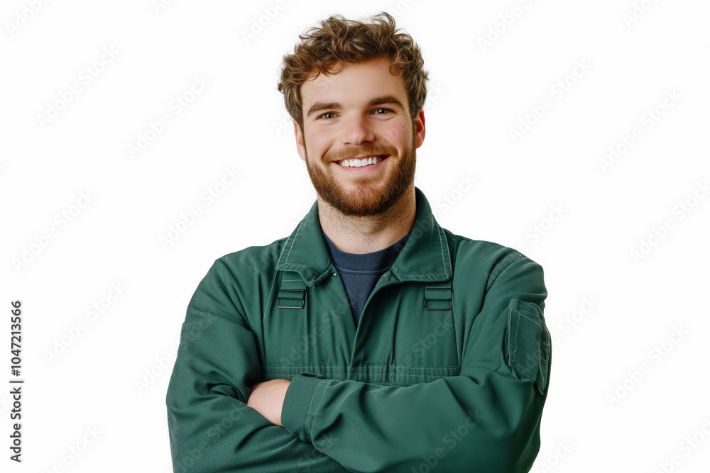 Caucasian man with a ginger beard in green overalls stands with his arms crossed against a white background, smiling at the camera. Caucasian man with a ginger beard in green overalls stands with his arms crossed against a white background, smiling at the camera.