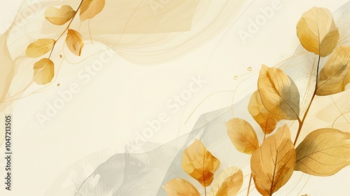 Abstract Watercolor Illustration of Delicate Golden Leaves and Veins