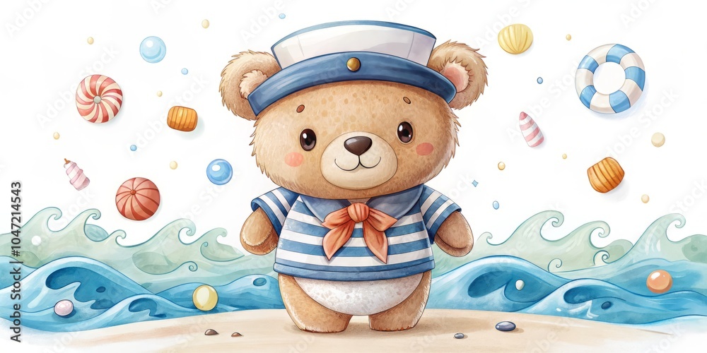 Naklejka premium Adorable Little Bear Dressed as a Sailor Wearing a Navy Hat in a Playful and Cute Setting