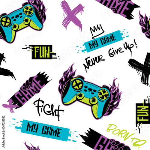 Gamepad pattern with motivation phrases My Game, time to win and play. gamepad with fire track in neon colors on white background. Gaming print for textile, boy clothes, wrapping paper.