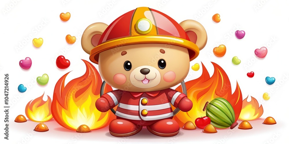 Naklejka premium Adorable Little Bear Dressed as Fireman with Red Helmet Surrounded by Colorful Candy Shapes