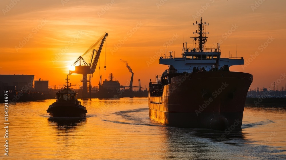 A sunset view of a ship and tugboat navigating a harbor with cranes in the background.