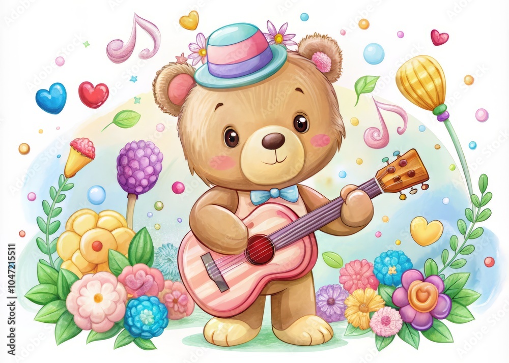 Fototapeta premium Adorable Little Bear Dressed as Musician Holding a Guitar Shaped Like a Colorful Candy Treat