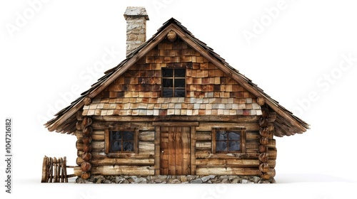 Rustic Wooden Cabin with Shingle Roof and Stone Chimney