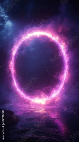 neon glow radiating from a round frame creating a quantum portal effect with fluorescent purple glitch light flares set against a dark background for a futuristic vibe