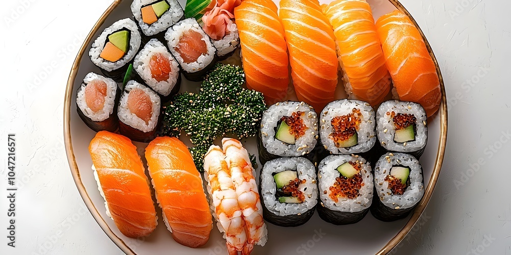 A beautifully arranged platter of sushi featuring salmon nigiri, maki rolls, and shrimp, showcasing vibrant colors and fresh ingredients, perfect for a gathering. A beautifully arranged platter of sushi featuring salmon nigiri, maki rolls, and shrimp, showcasing vibrant colors and fresh ingredients, perfect for a gathering.
