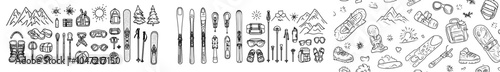 The icon set contains icons of winter items such as hockey, skates, skis, sleds, backpacks and snowboards. These are hand drawn illustrations of modern objects.