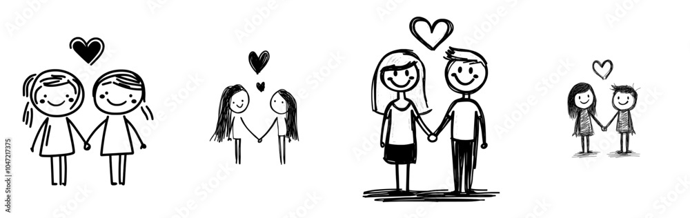 An illustration of a cartoon stick figure figure of a happy heterosexual couple holding hands and topped by a big heart symbol. An illustration of a cartoon stick figure figure of a happy heterosexual couple holding hands and topped by a big heart symbol.