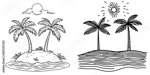 Detailed drawing of an oasis island with palm trees, birds, and sunset.