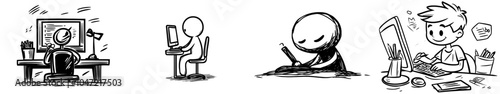 This cartoon stick figure drawing conceptual illustration depicts a creative man or businessman or writer thinking about something, holding a ballpoint pen in his mouth and writing on a piece of