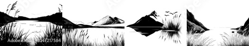 Black and white mountain lake landscape sketch illustration
