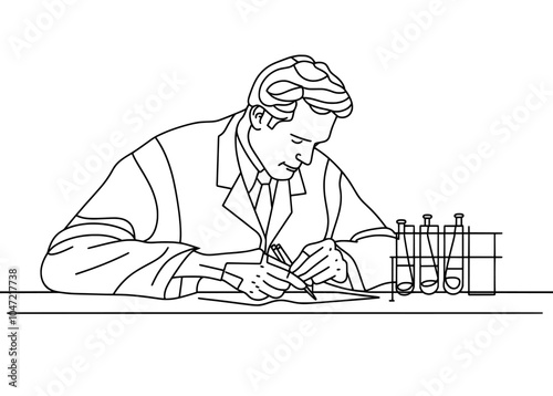 An illustration of a young male scientist writing drug antibiotic formulas at the laboratory to find the covid 19 vaccine. Coronavirus medical research concept illustration using a single continuous