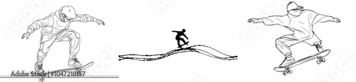 One-line drawing of a young, cool skateboarder doing a jump trick in a skate park. Extreme teenage sport concept. Modern continuous line drawing design.