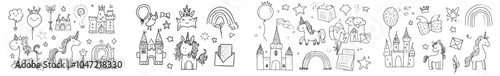 The perfect set for any princess fan. Cute girl princess accessories with unicorn, castle and doodle background. Modern illustration.