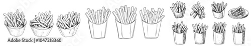 Set of hand drawn sketches. French fries illustration. Bunch, paper box and top view with sauce. Great for menu designs and packages.