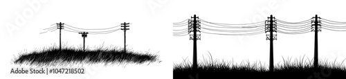 Towers with tangent lines; high voltage pole, electric wire and telephone cable; poles network; broken power lines; cartoons for sockets and power lines. Electric cables.