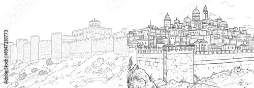 The ancient walls of Jerusalem, a black and white drawing in a hand drawn style. Jerusalem, Israel. Urban landscape sketch. Ink drawing.