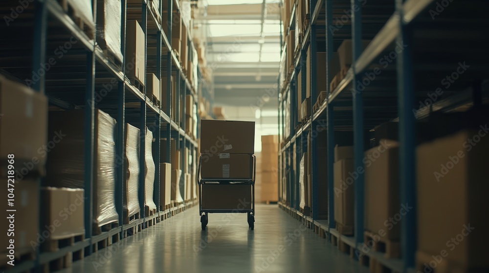 Warehouse storage aisles with stacked boxes and shelves Warehouse storage aisles with stacked boxes and shelves