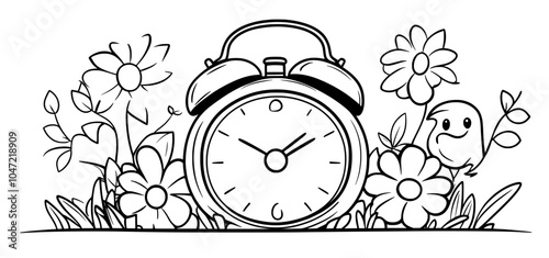 The continuous single line drawing of a vintage alarm clock is a line art illustration from the modern era