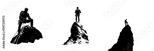 An illustration of an adventurer with equipment going off on an adventure. Extreme sport icon. Cross-country journey. Taking risks. Surfing on a mountain peak.