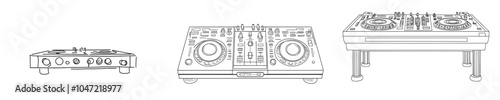 One-line drawing showing DJ console, keyboard, play, disc, dance, disco, volume, record, control, mix, nightlife, techno, vinyl, dj, music, mixer, turntable, audio, panel.