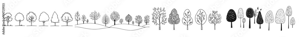 Hand drawn architect trees. Landscape illustration with architectural trees